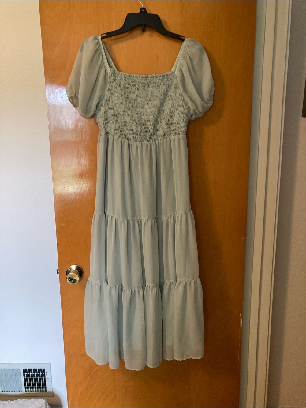 Celebrity Pink Sage Green Smocked Puff-Sleeve Tiered Dress